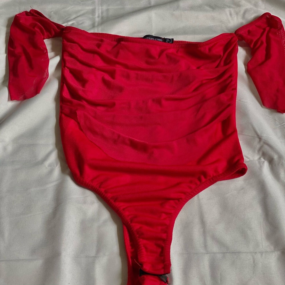 Red off shoulder bodysuit